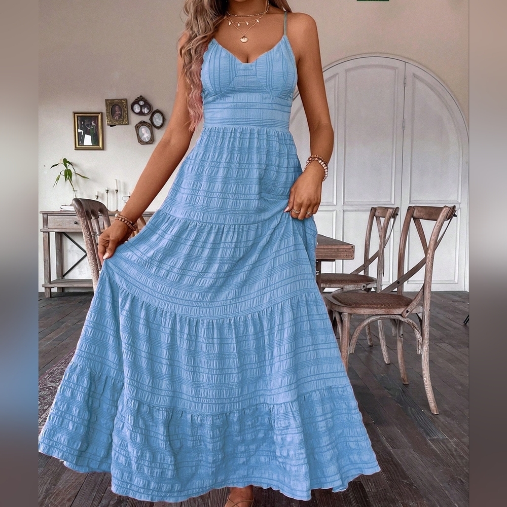 Summer Casual Backless Tie Strap Ruffle Hem Cami Dress - Picture 2 of 5